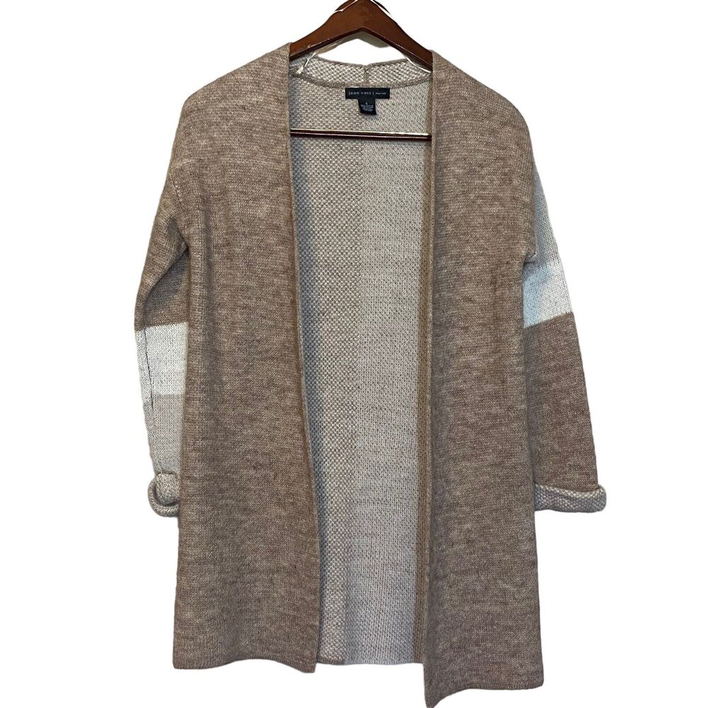 Joan Vass Long Color Block Cardigan Sweater Open Front Taupe Ivory Small